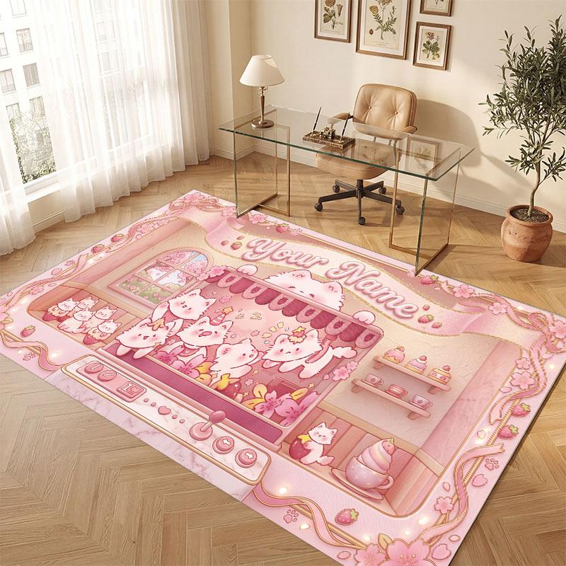 Cat Theme Crystal Velvet Floor Rug Personalized Custom Name Text Warm Carpet Home Decoration