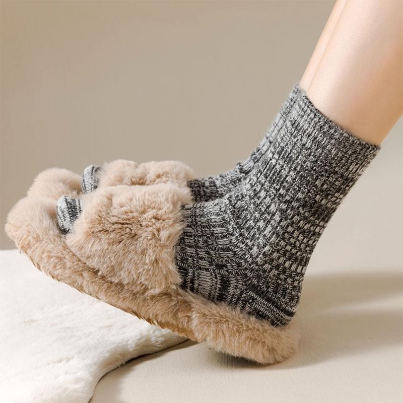 Womens Winter Faux Wool Ribbed Knit Crew Socks Thick Warm Thermal Casual Floor Slipper Socks Hosiery for Cold Weather
