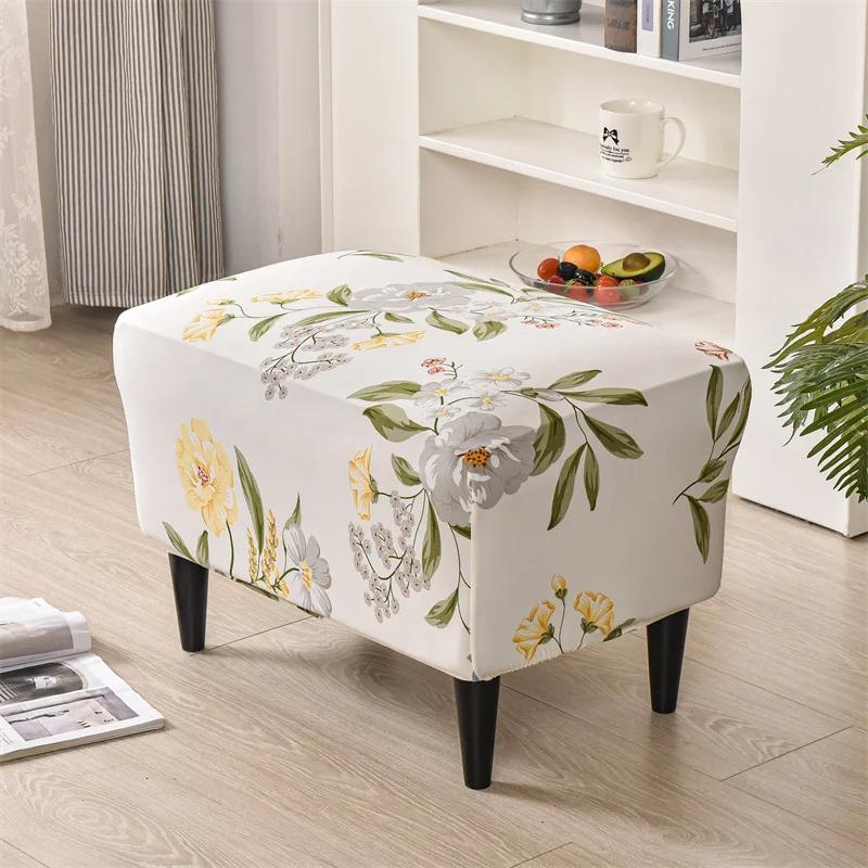 1PC Nordic Floral Ottoman Cover Spandex Rectangle Footstool Cover All-inclusive Sofa Footrest Slipcover Protector housse de pouf