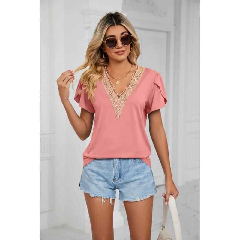 Spring and summer new gold lace V-neck tile short-sleeved solid color T-shirt tops for women
