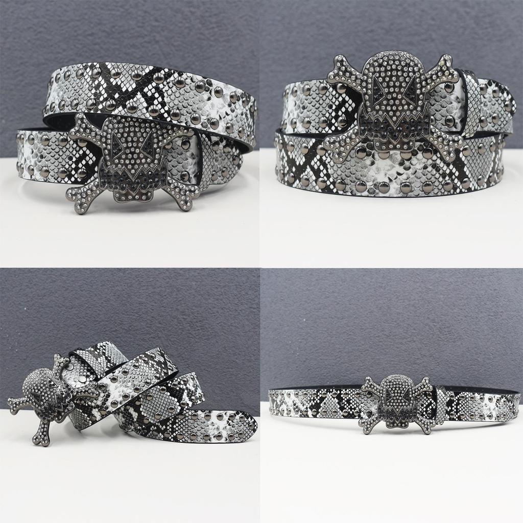 Unisex Y2K Rhinestone Skull Punk Belt with Rivet and Python Skin Design