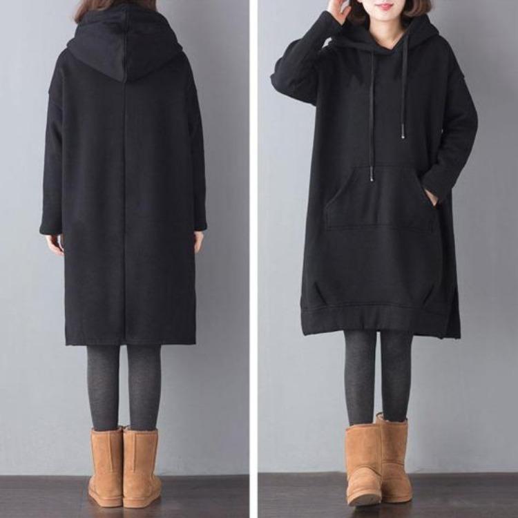 Damen Lockerer Dicke Hoodie Einfarbige Herbst Winter Plüsch Pullover mit Großer Tasche Kordelzug Geschlitzter Saum Knielang Tägliches Oberteil