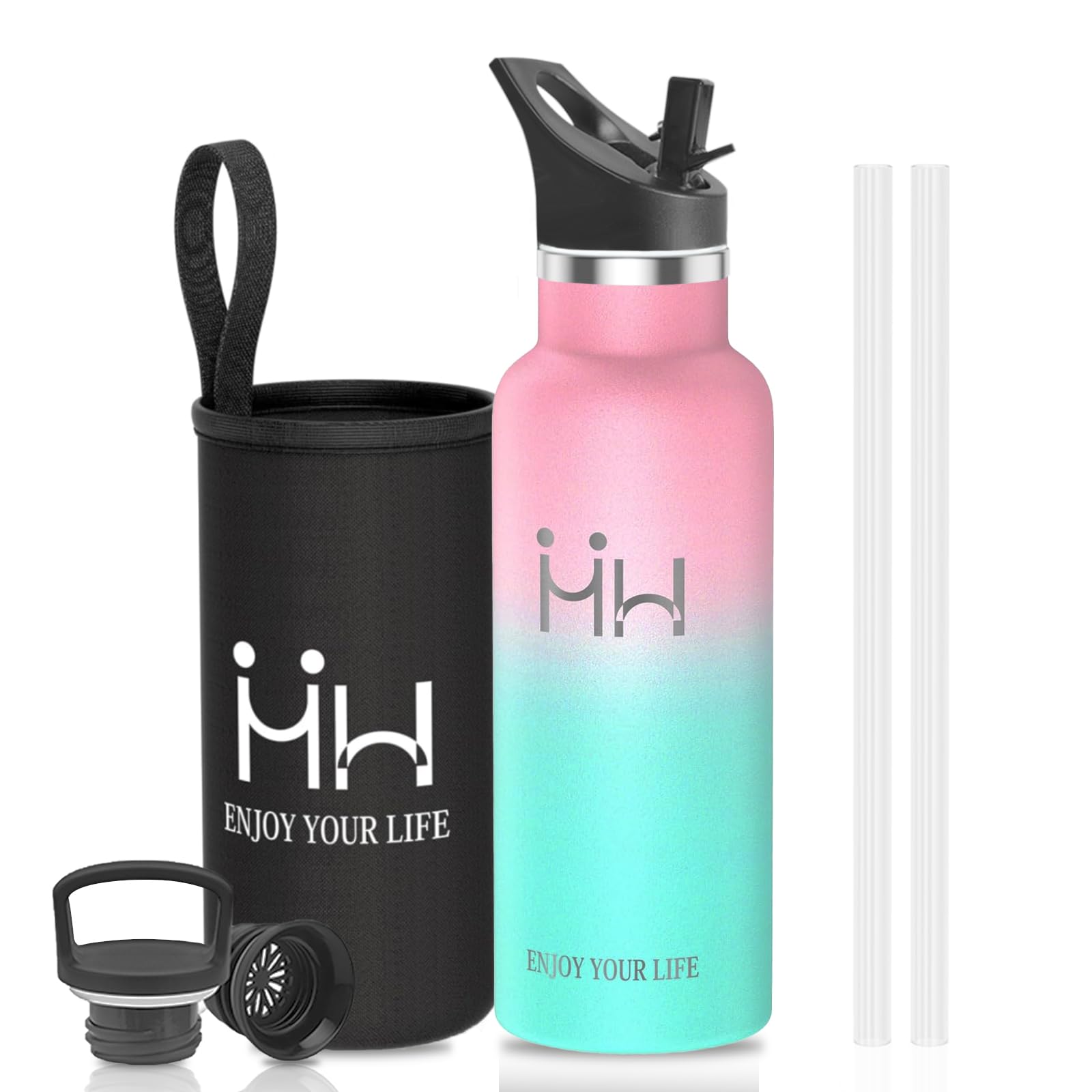 

HAPPDA Water Bottle 500ml with Stainless Steel Vacuum Wide Easy to Coffee for Pastel Green Straw, Insulated, Carbonated, Mouth, Clean, Leak-Proof,