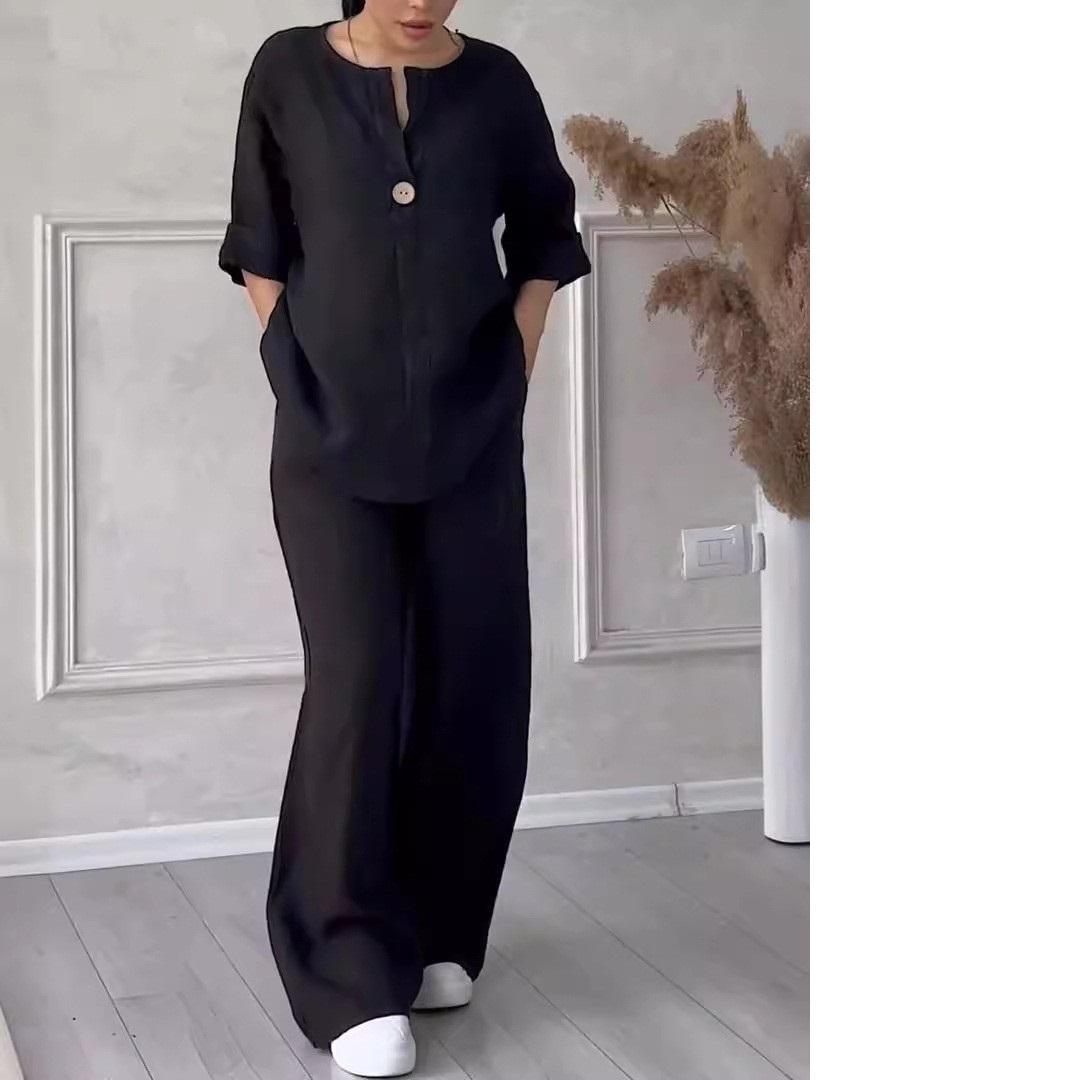 

Комплекты из хлопкового льна, распродажа, повседневная свободная блузка с длинным рукавом на пуговицах и свободные брюки с широкими штанинами на высокой резинке L