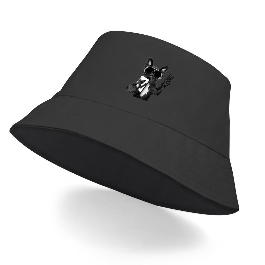 Black Dog Sunglasses Print Bucket Hat , Cool Animal Phone Women's Hat Fit Unisex Wide Brim Beach Cap