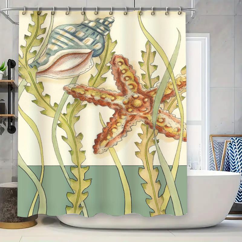 

Underwater Marine Life Shower Curtain Featuring Starfish Seashells Green Beige Colors For Bathroom Decorations W60H190(CM)-1 Pcs
