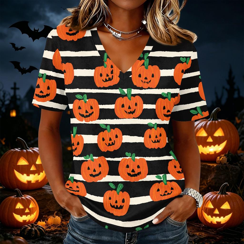 Women's Casual V Neck Pullover Top Halloween Themed Graphic Print Short Sleeve T Shirt Lightweight Comfortable Fit