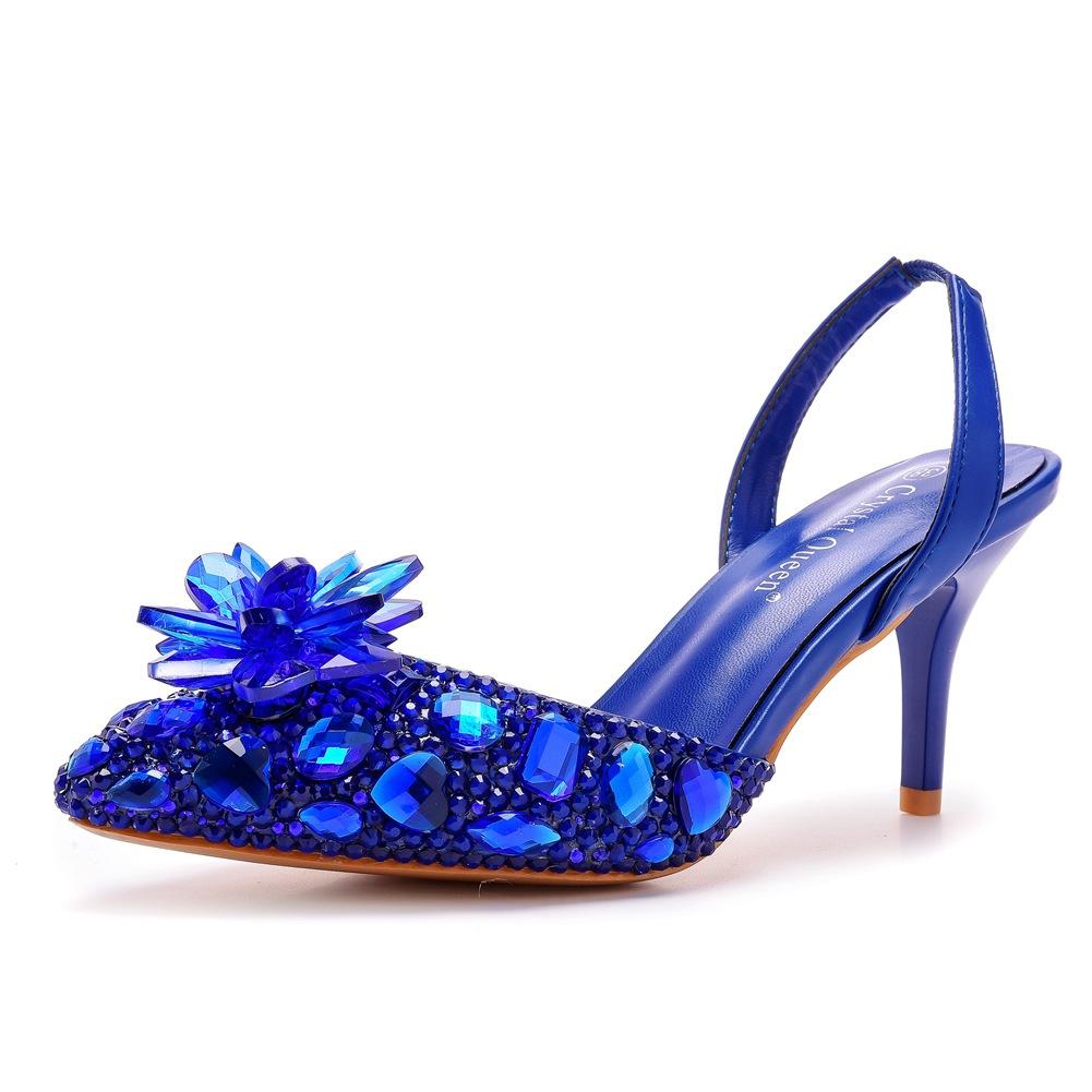 7cm Silver Light Mouth Pointed Sandals Rhinestone Glass Flower Thin Heel Sandals Large Size Wedding Shoes Bride Wedding Women's Shoes