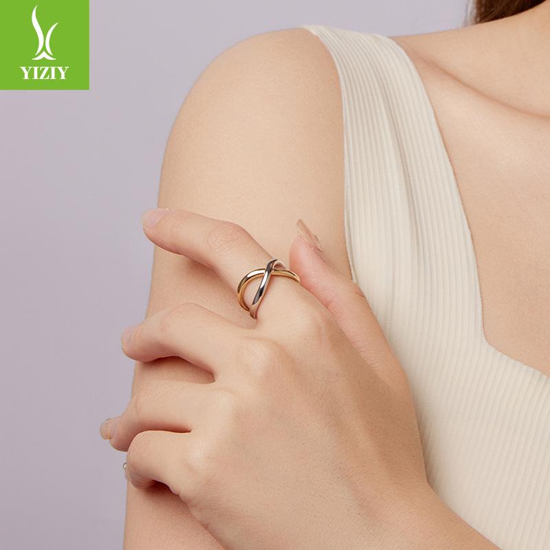 Color Separation Electroplated Metal Sense Staggered Opening Ring S925 Sterling Silver Line Interwoven Double-Layer Ring
