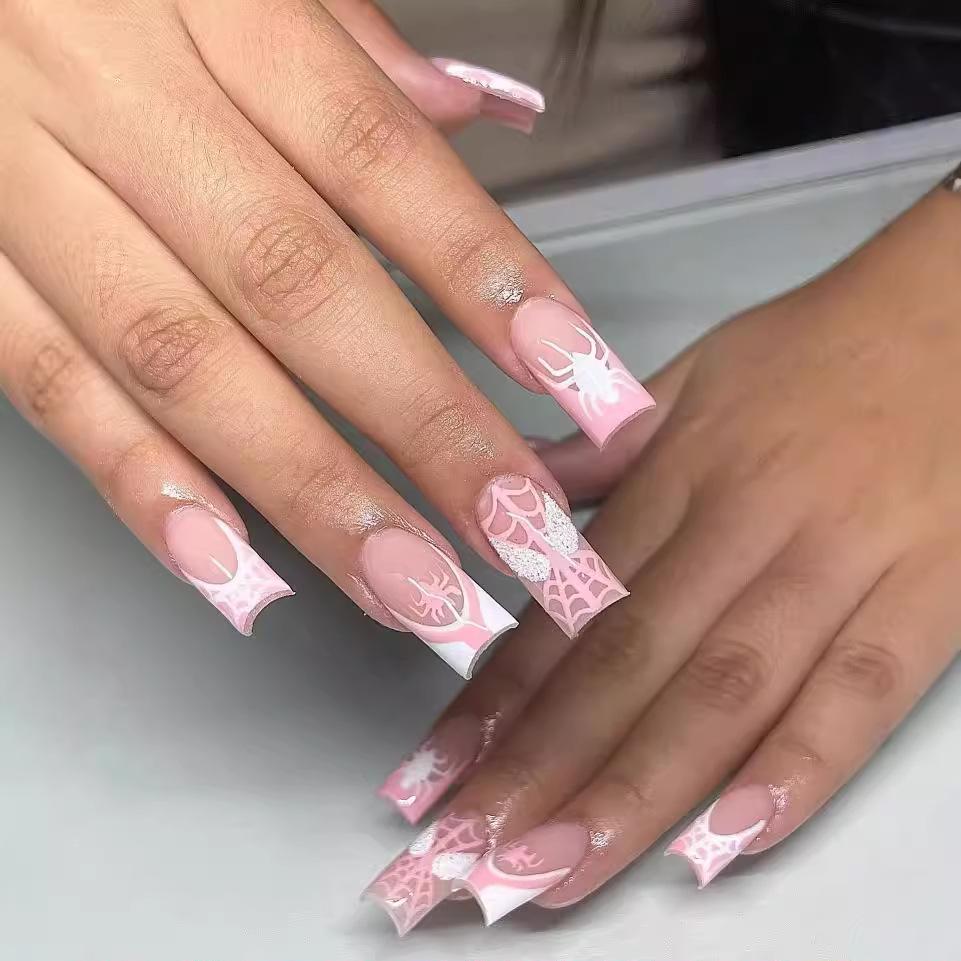 

Pink Spiderweb Medium-Long Graffiti Nail Art for Halloween