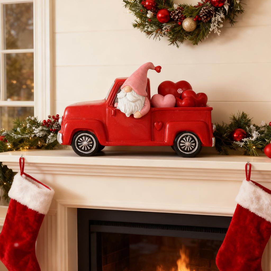 Valentine Rustic Farm Truck Gnomes Ornaments Resin Gnome Figurines Decorations for Him Her Gifts Cute Holiday Table Home Decor