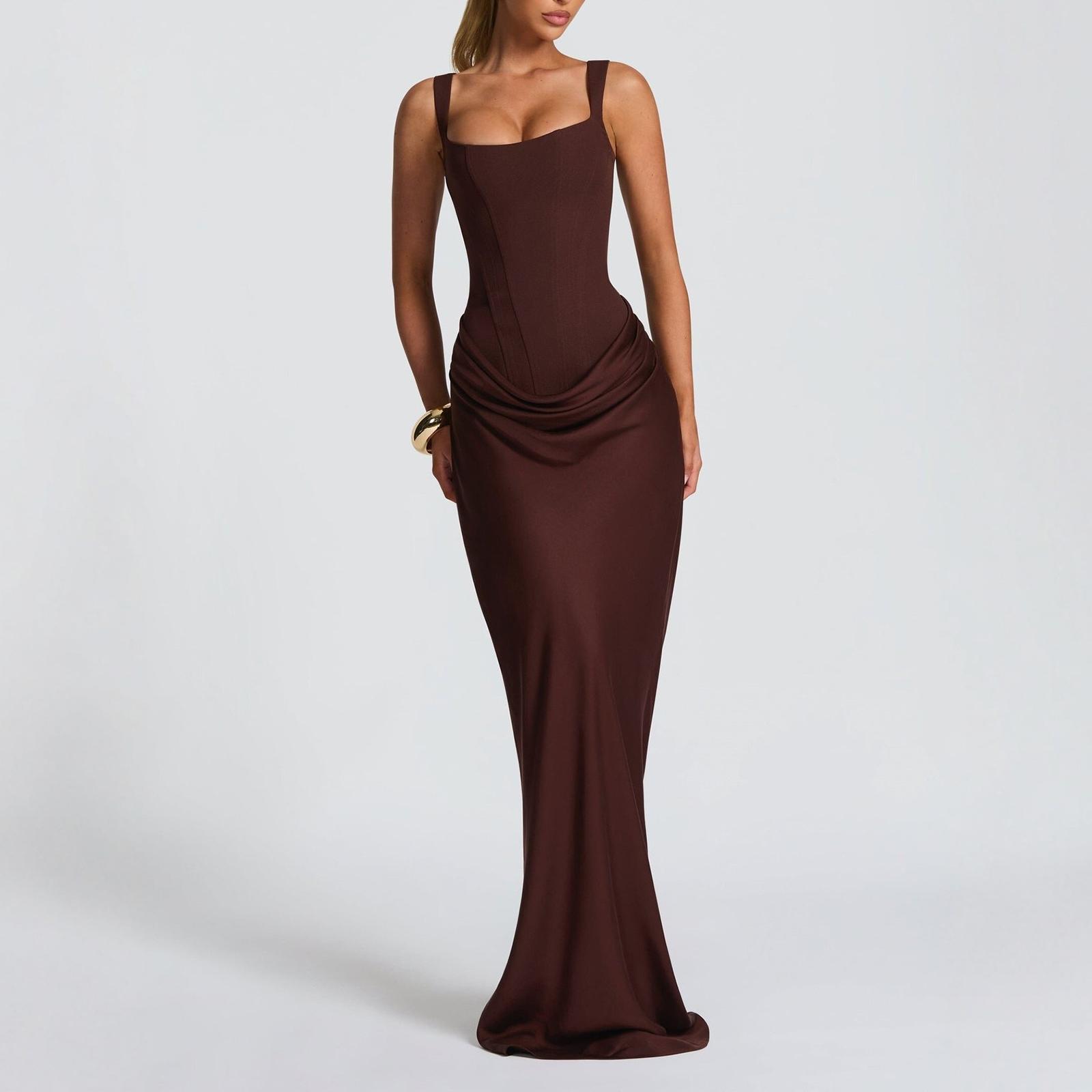 

Жіночий повсякденний обтислий сукня-комбінезон з кістками, що підкреслює стегна, довга спідниця M коричневий