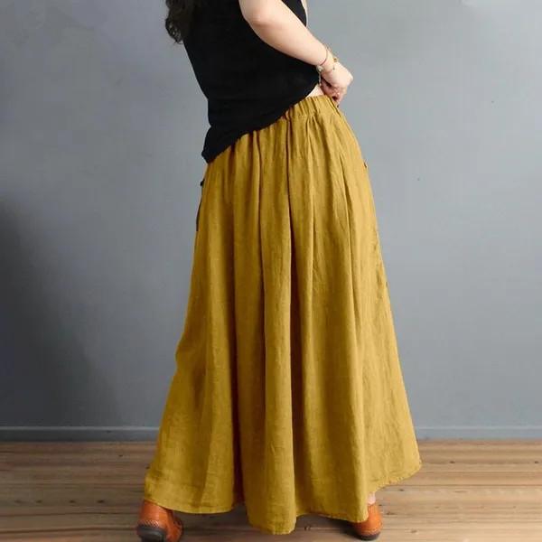 Spring and Summer New Retro Literary Style Loose Elastic Waist Color Matching Cotton and Linen Skirt Was Thin A-line Skirt