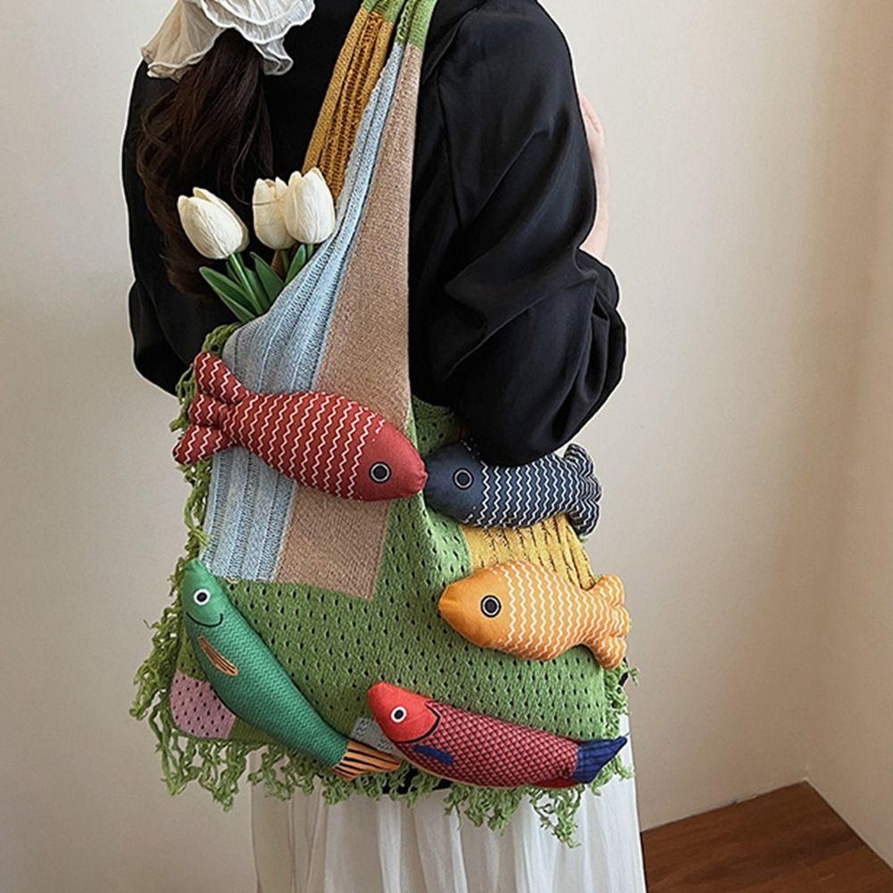 Large Capacity Hollow Out Weave Bag Fish Tote Bag Leisure Tassels Beach Handbag  Women