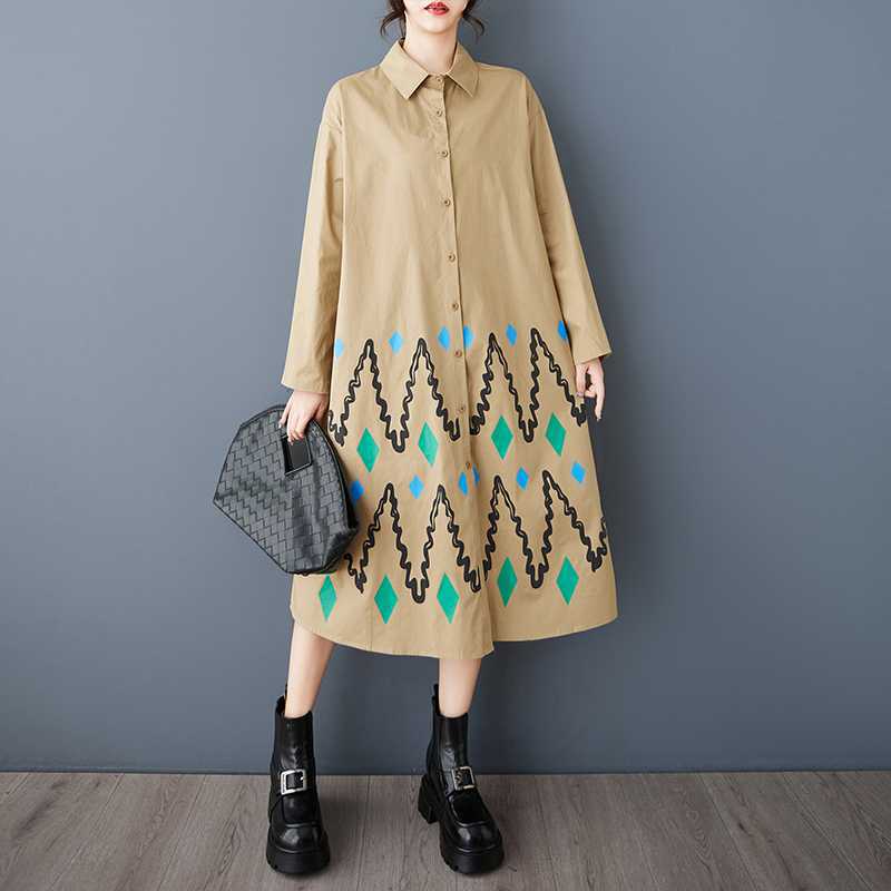 Loose Large Size Printed Splicing Casual Simple Sweetheart Long Sleeve Dresses