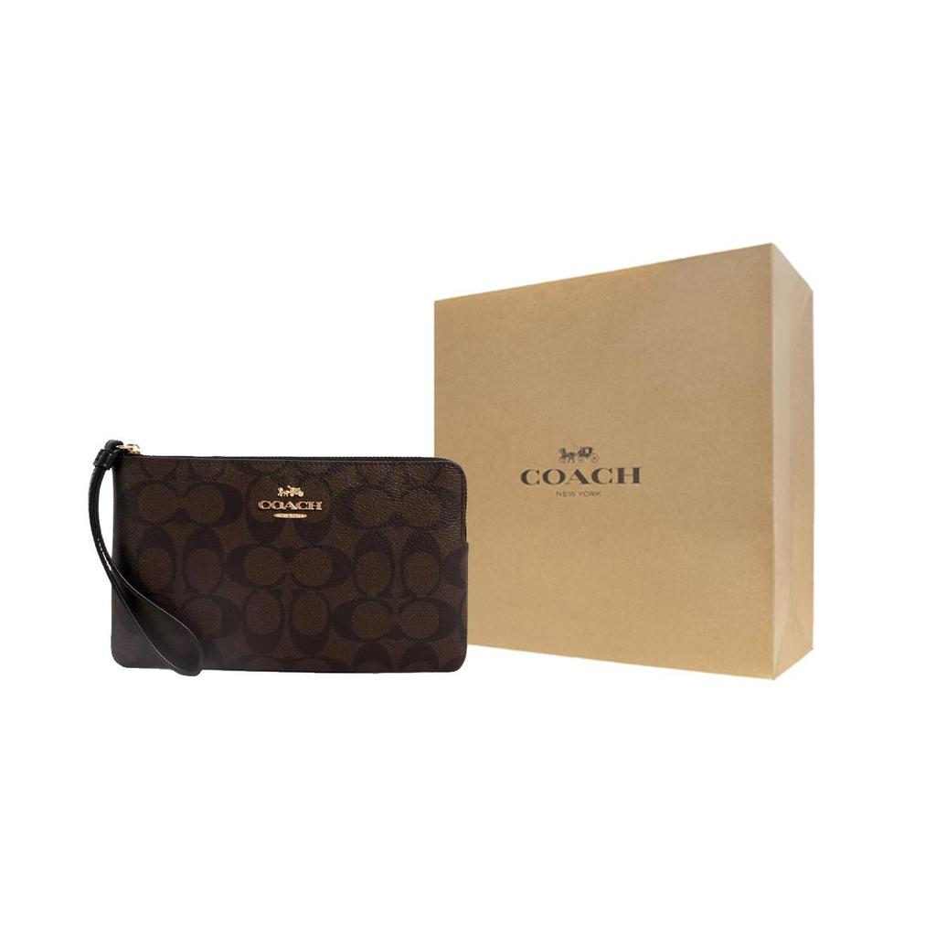 COACH Corner Zip Wristlet 20 Logo Zipper Closure Coated Canvas And Recycled Leather Clutch Wallet Small Women wallet Gold Brown Black CS438-IMAA8