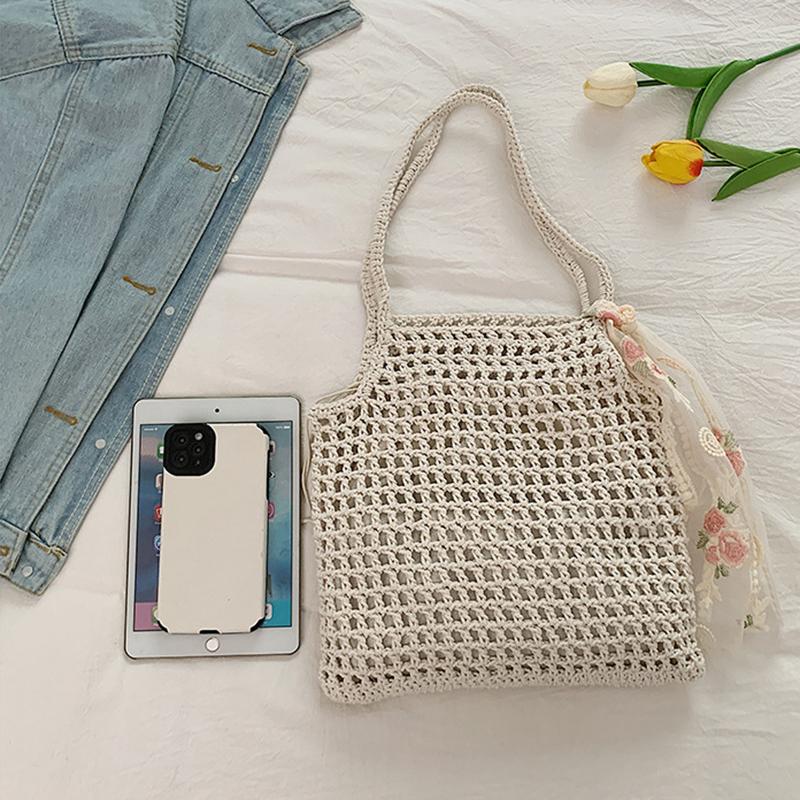 Summer Hollow Woven Shoulder Bags Women's New Casual Beach Bag Versatile Lace Design Commuting Shoulder Tote Bag AVE
