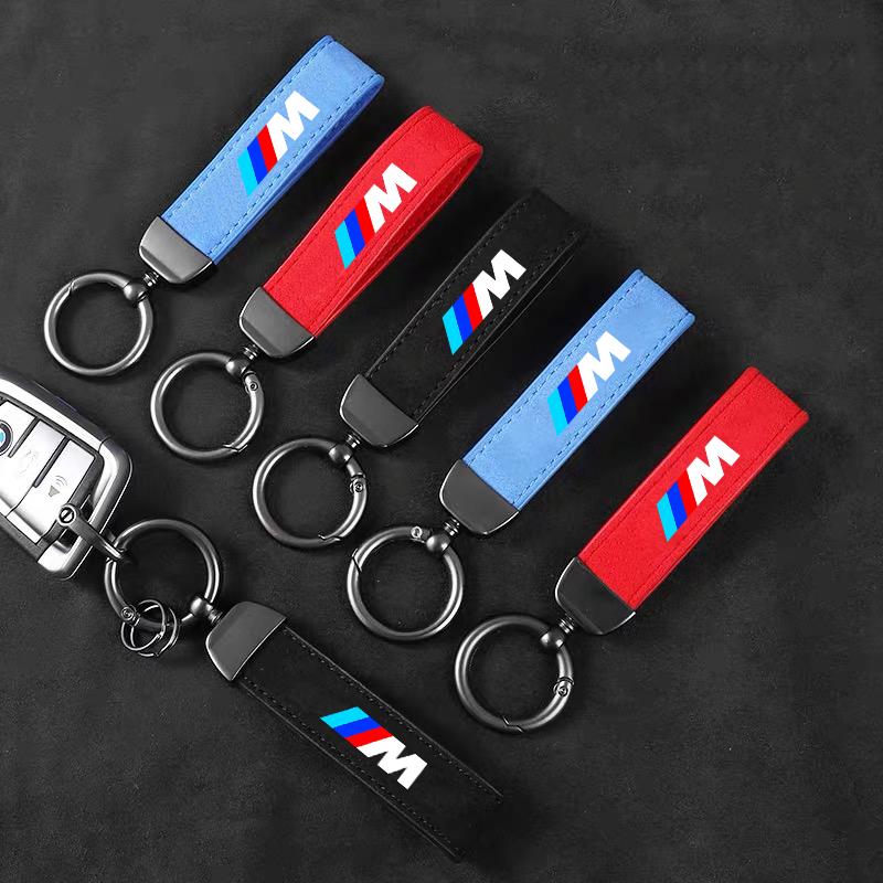 KQBU1 Car Styling Emblem Zinc Alloy Keyring Motorcycle Suede Leather Keychain for BMW M Performance E30 E34 E36 F21 F30 F35 M3 M5 X3