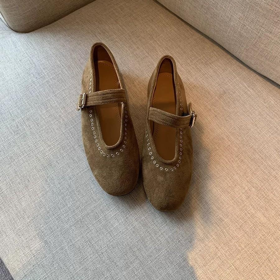 French Leather Suede One-word Buckle with Mary Jane Women's Shoes 2025 New Versatile Flat Bottom Round Head Rivet Single Shoes Women