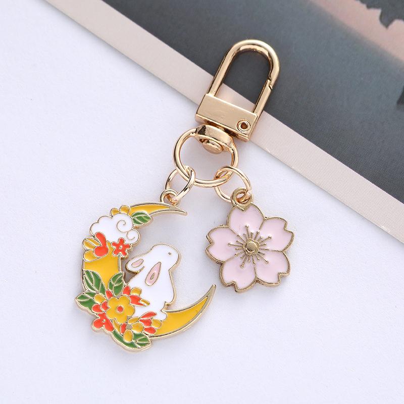Fashion Cute Moon Flower Rabbit Keychain For Women Sweet Cartoon Enamel Gold Color Key Chain Bag Car Key Decoration Girls Gift