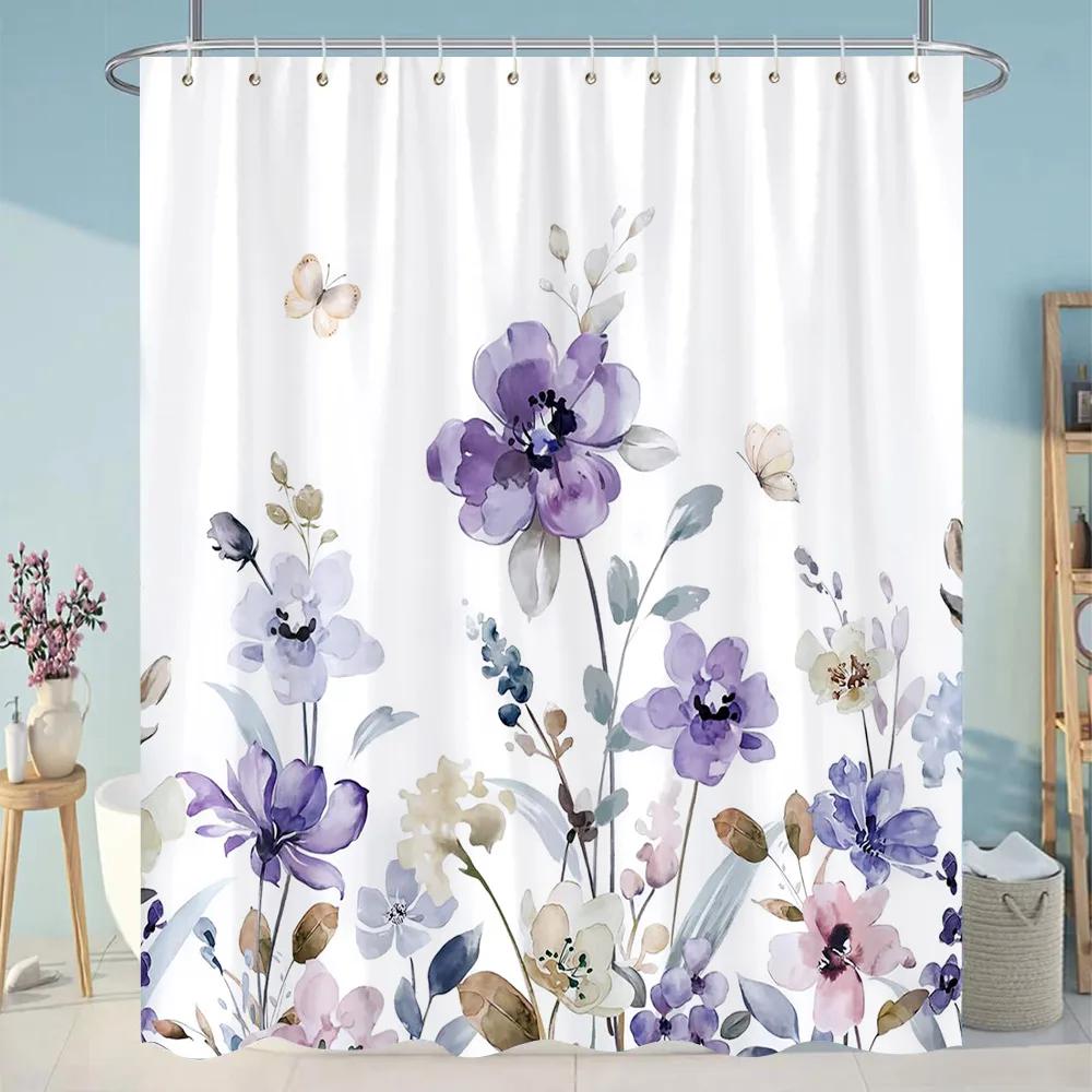Purple Floral Shower Curtain Watercolor Flower Leaves Wildflower Polyester Fabric Washable Shower Curtains Bathroom Decoration