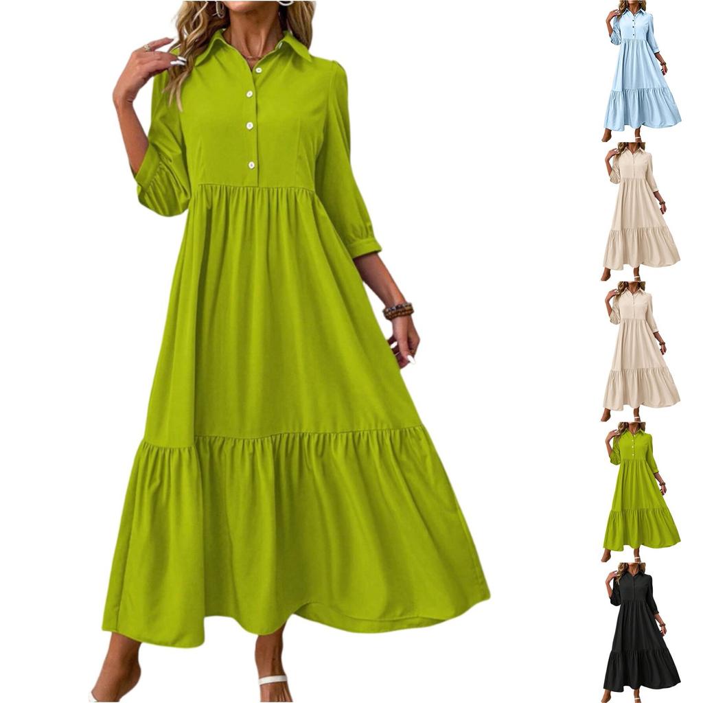 Fashionable Ladies Spring And Summer Solid Color Three-quarter Sleeve Casual Lapel Wide Swing Dress