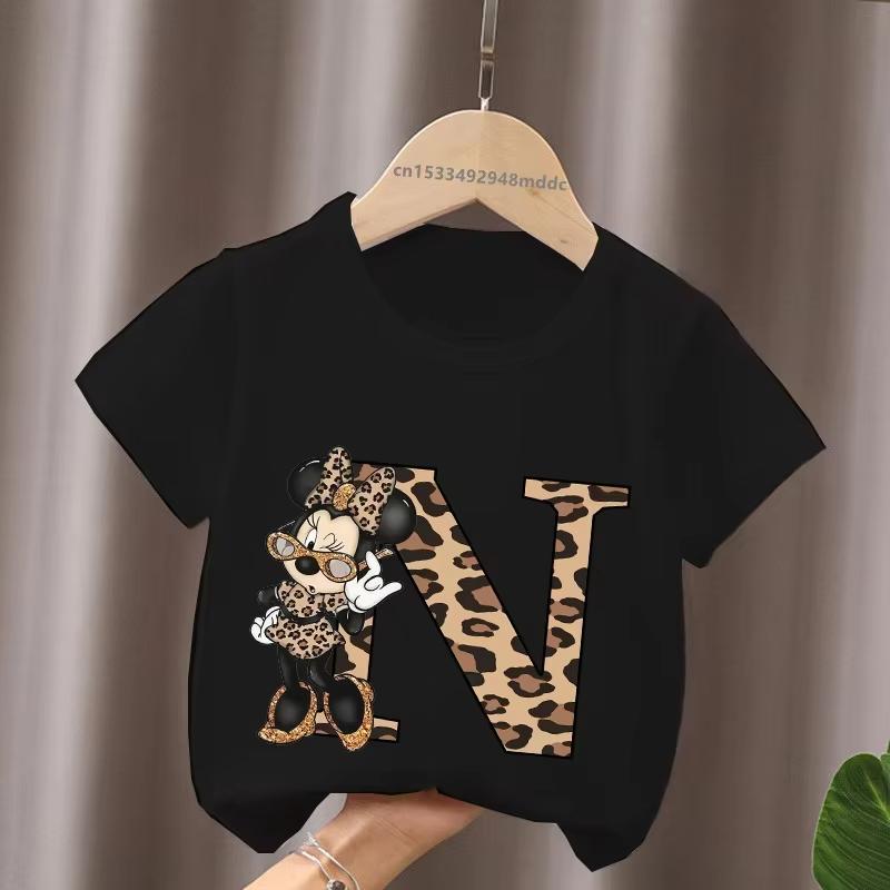 Mouse Leopard Letter A B C Name Print Unisex Women Tops Kids Tshirt Clothes Black Short Sleeve Black T Shirt