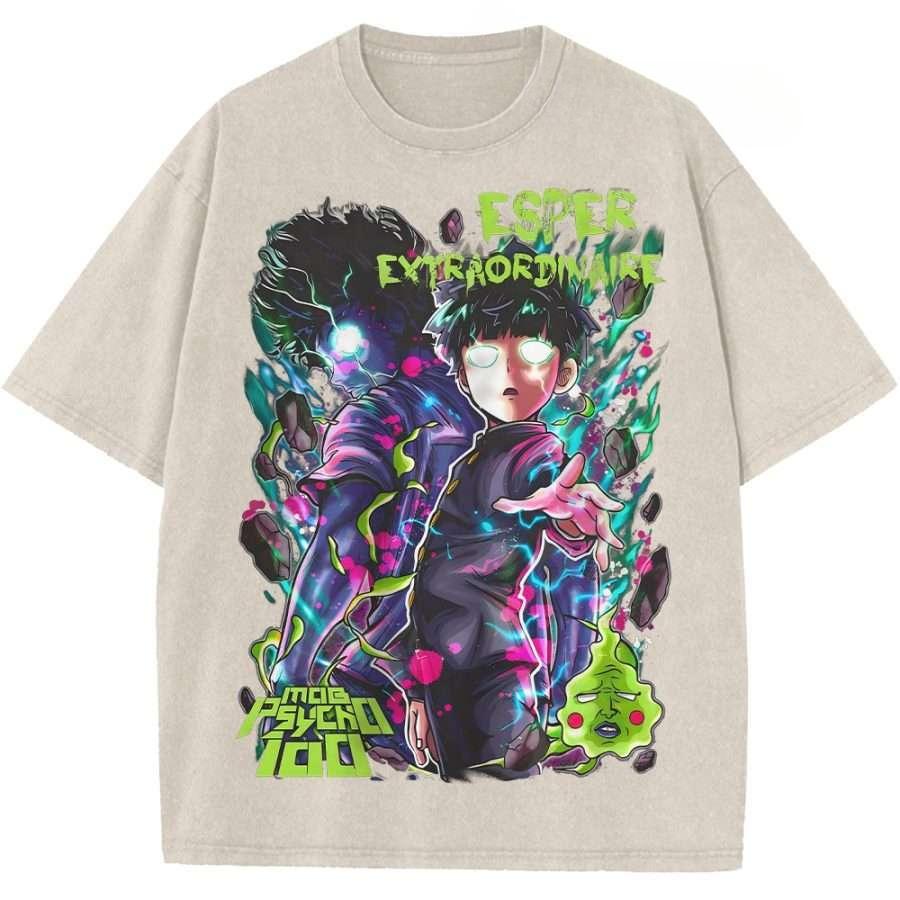 Mob Psycho 100 Kageyama Shigeo Printed Tee Men Women Washed Cotton T-shirts Manga Vintage T Shirt Harajuku Male Oversized Tshirt