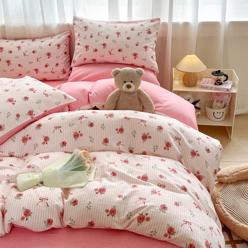 Solid INS Style Bedding Set For adults kids pink cotton fitted Flat Sheet With Pillowcases Colorful King Queen Full size