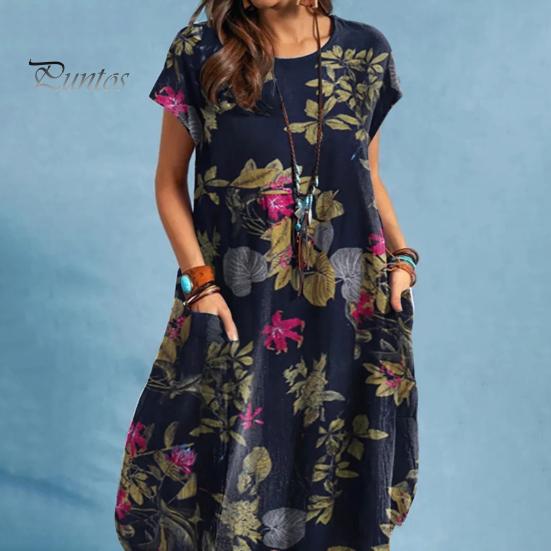 

Стильное платье с цветочным принтом из хлопковой смеси, летнее свободное повседневное длинное платье для женщин, женская одежда L пурпурно красный