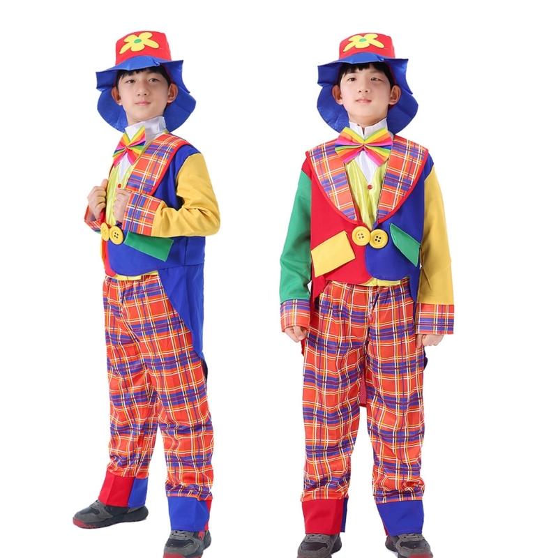 Zestaw Kostiumu Klauna dla Dzieci 5 Sztuk Zawiera Płaszcz Spodnie Buty Klauna Kapelusz Klauna Akcesoria do Kostiumu Klauna na Halloween Cosplay