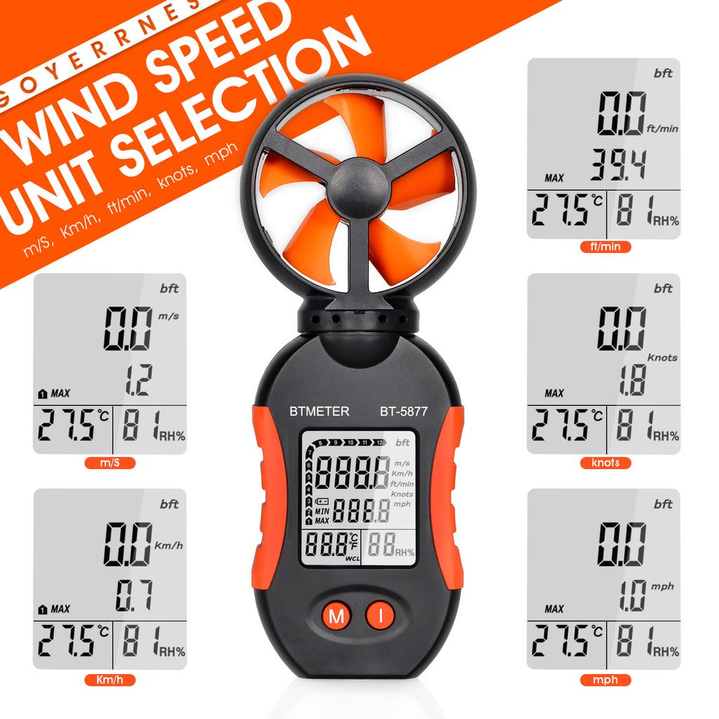  Portable Digital Anemometer, BT-5877 Orange Wind Foliage, Speed Detection Range Mph 1~65, For Meteorological Monitoring