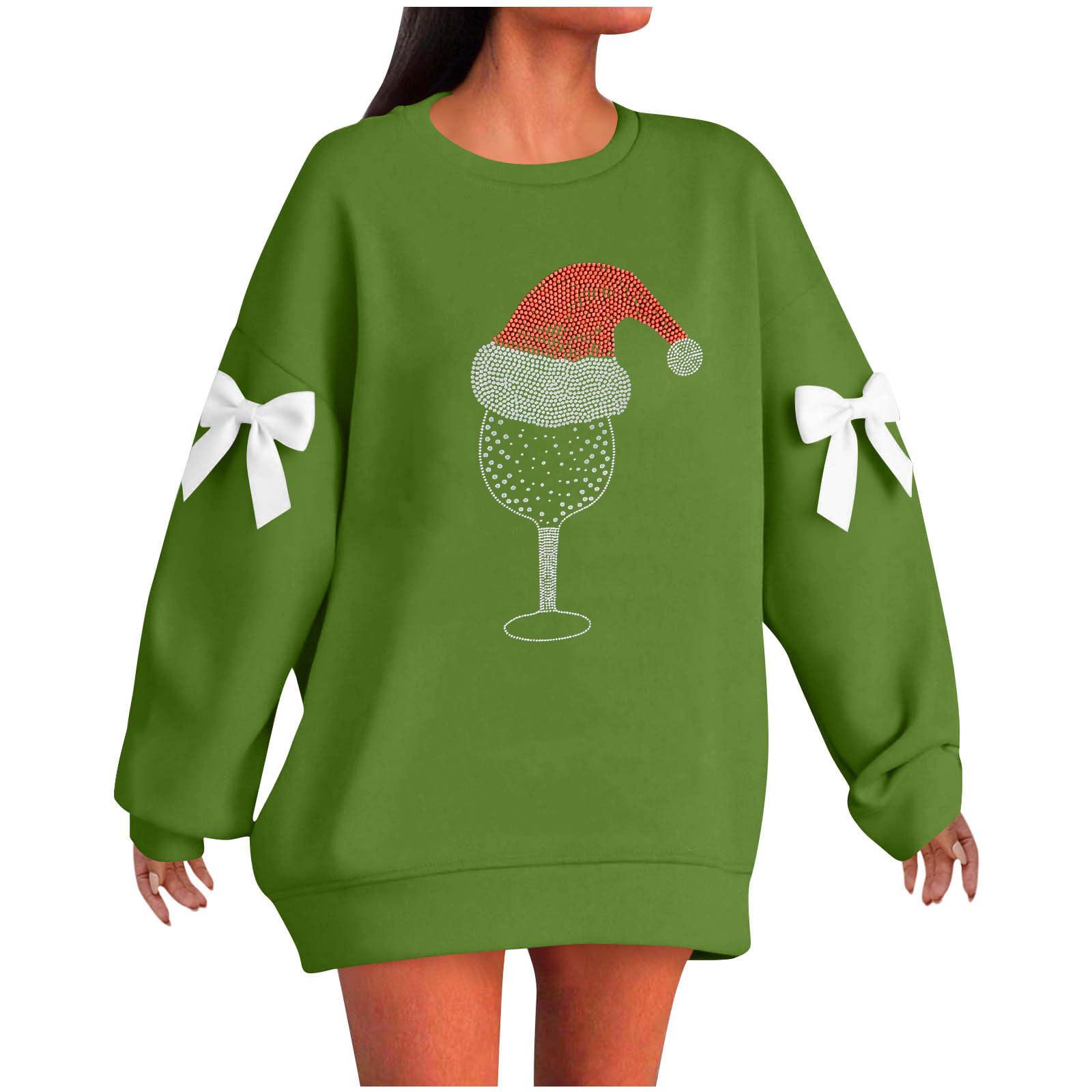 

Ladies Christmas Printed Bow Round Neck Long Sleeved Loose Pullover Sweater Sweatshirt Top XXL