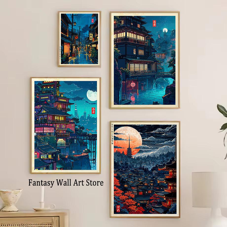 Tokyo Landscape Anime Illustration Print Japanese Night Scene Poster Fuji Vintage Painting Style Art Decor Canvas Wall Art Retro