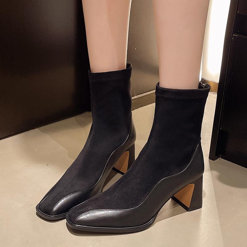 Fashion Back Zipper Skinny Boots for Women Fashionable Thick Heel Square Toe Stitching Suede Non-slip Wear-resistant Short Boots