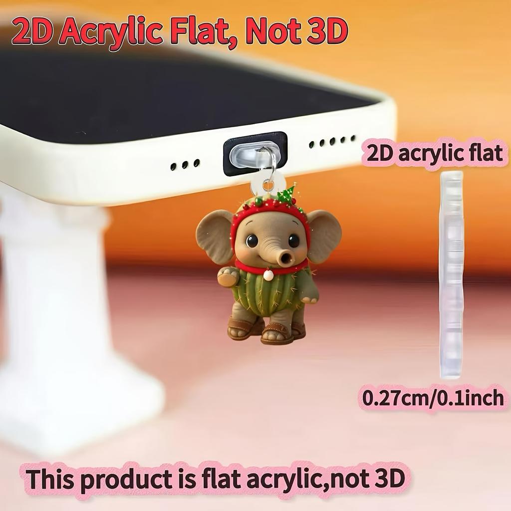 2D Cute Christmas Cactus and Elephant Phone Dust Plug, Adorable Design, Easy to Use, Good Dust Protection, Long-Lasting Protection for the Interface