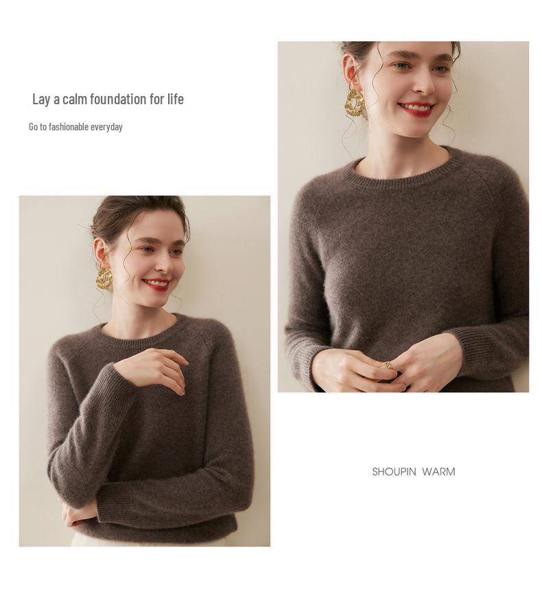 Women's Pure Cashmere Sweater - Round Neck, Loose Fit, Thickened Knit Base Layer with Raglan Sleeves, Skin-Friendly for Autumn/Winter.