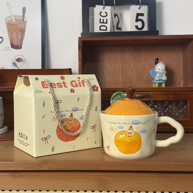 Daji Dali Orange Ceramic Cup with Lid Cute Cat Mug New Year Gift Coffee Cup Office Water Cup
