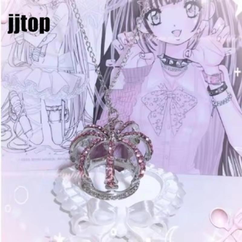 3D Full Rhinestone Crown Subculture Sweater Chain Necklace Gothic Punk Jewelry for Women Holiday Party Wear Gift