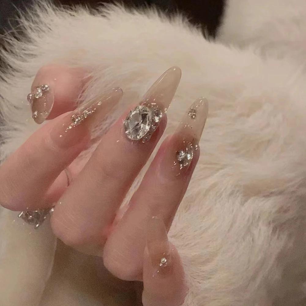 10Pcs Handmade Cat Eye Gradient Long Coffin Stiletto Press On Nails With Glitter Diamond Pearl Flower Bowknot Decorations