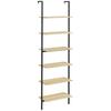 Wandmontiertes Leitertregal Bücherregal Industrieller Stil 6 Regale Schwarzer Stahl Natürliche Holzoptik Dim. 60L x 30B x 206H cm