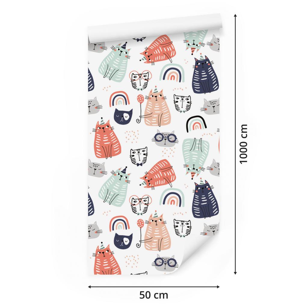 Kittens and rainbows wallpaper in Scandinavian style for living room and bedroom 50x1000
