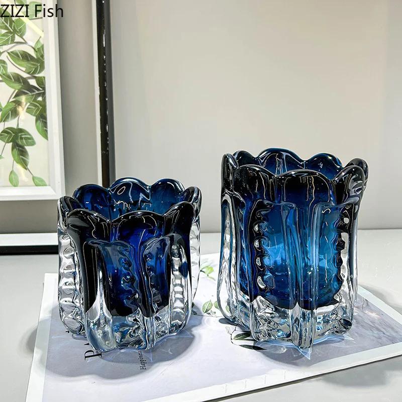 Forest Green Glass Vase Creative Wrinkled Flower Pots Desk Decoration Flowers Arrangement Floral Vases Room Aesthetic Decor