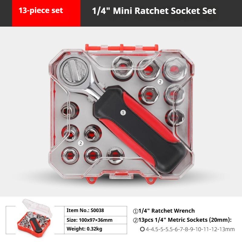 13pcs 1/4'' Socket Wrench Combo Set 4-13mm Manual Ratchet Wrench Tool