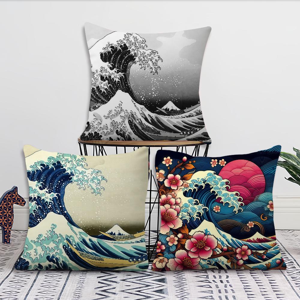 Große Welle von Kanagawa Kissenbezug Kissenbezug Dekoration Zimmer Zuhause Sofa Wohnen Büro Auto Nordische Schlichtheit
