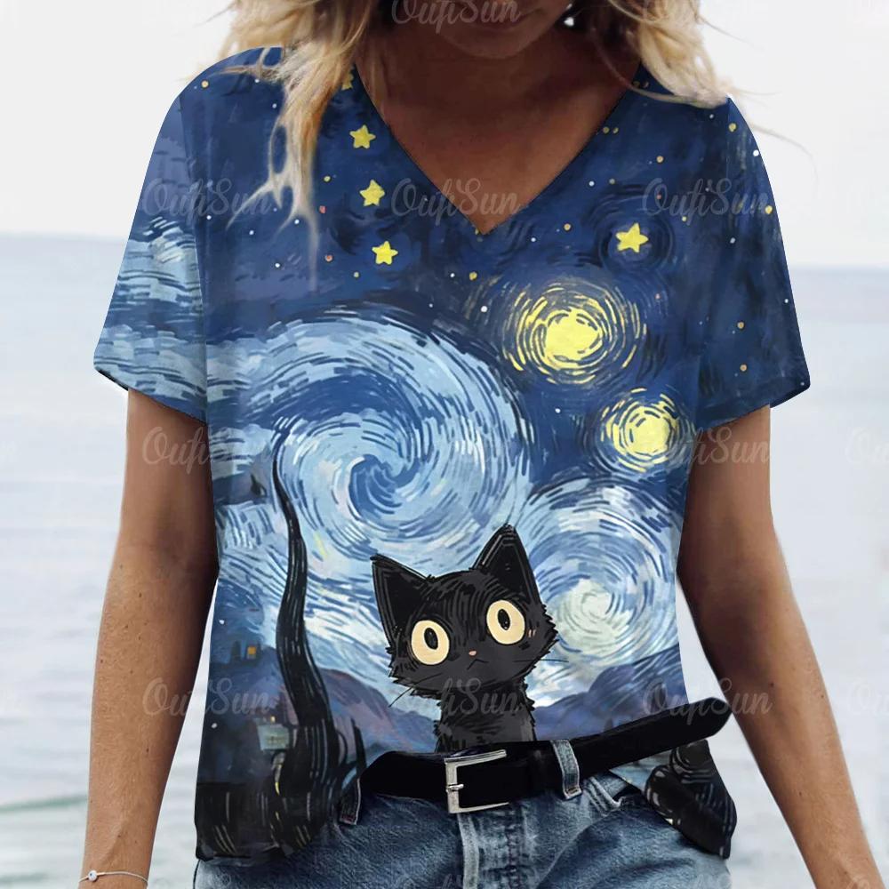 Letni Damski T-shirt Modny Wzór Kreskówkowy Kot Dekolt V Bluzki Koszulki Damska Codzienna Odzież z Krótkim Rękawem Damski Strój Vintage
