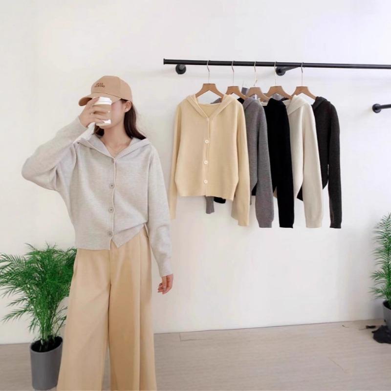 Hooded Knitted Small Cardigan Autumn and Winter New Solid Color Simple Fashion Casual Versatile Sweater Jacket Top Women