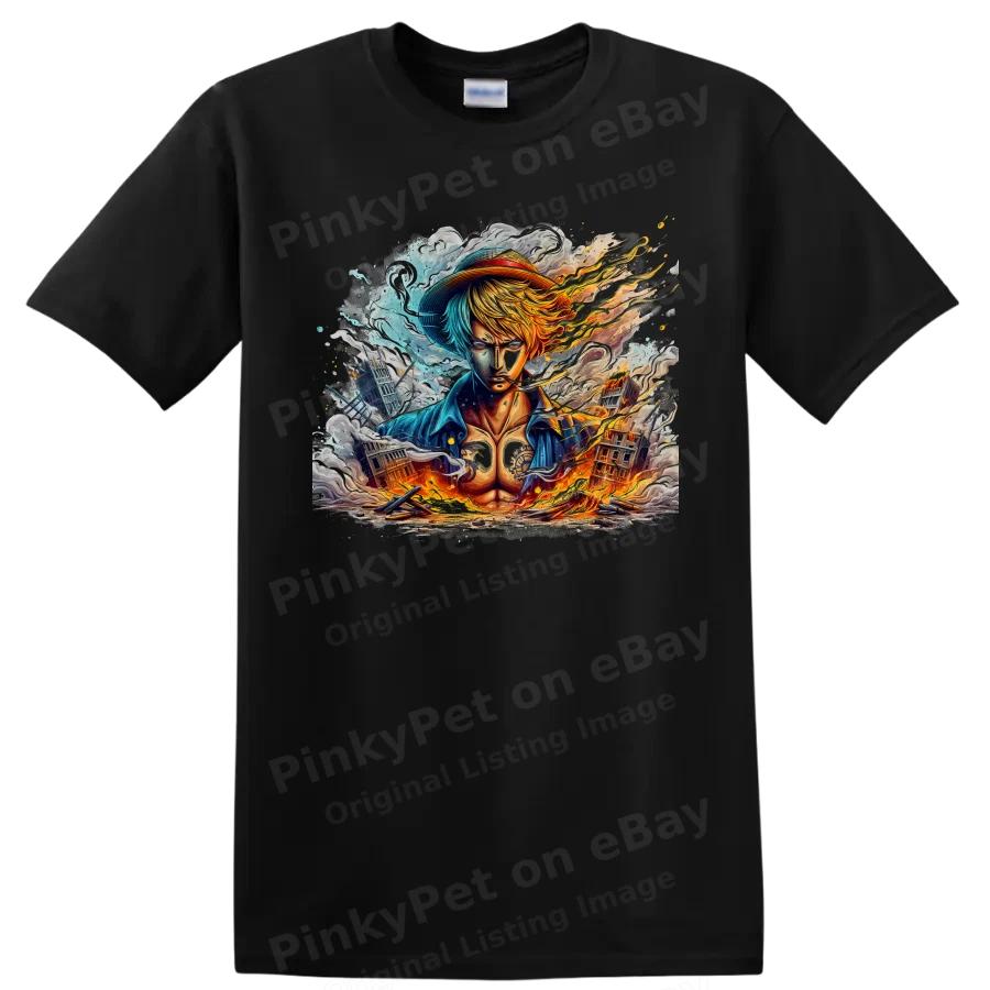 Sanji Anime T Shirt Fiery Battle Martial Artist City Ruins Graphic Tee Gift Idea