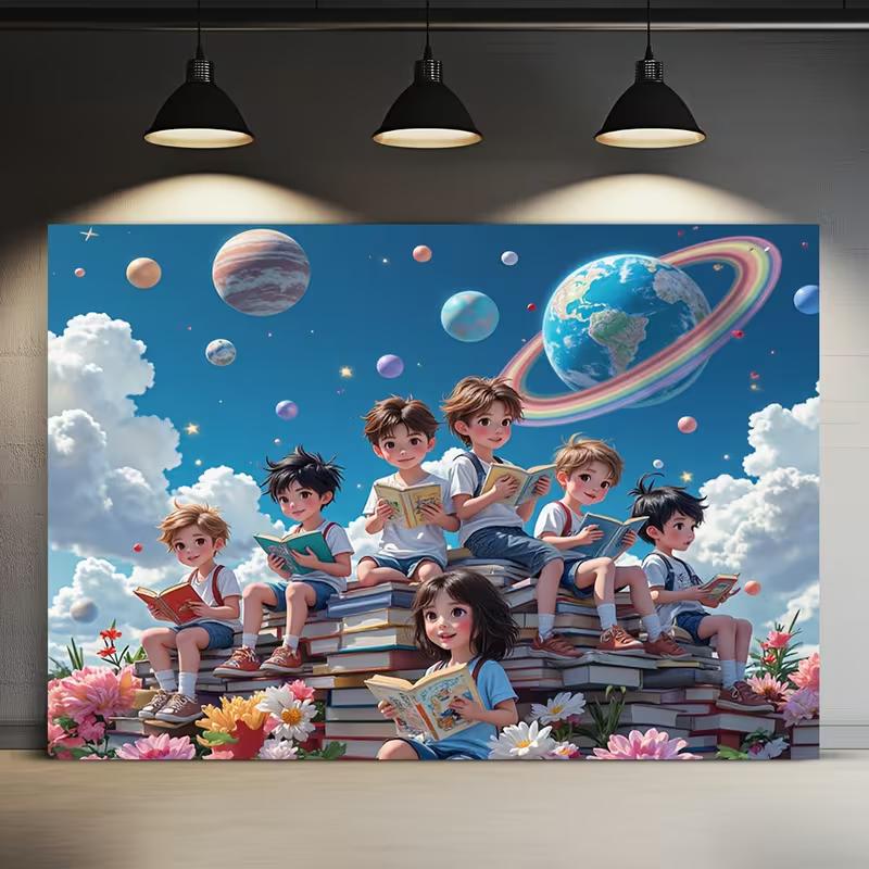 

2D Whimsical Outer Space & Children Reading Illustration Backdrop 47.2x31.5inch/120*80cm
