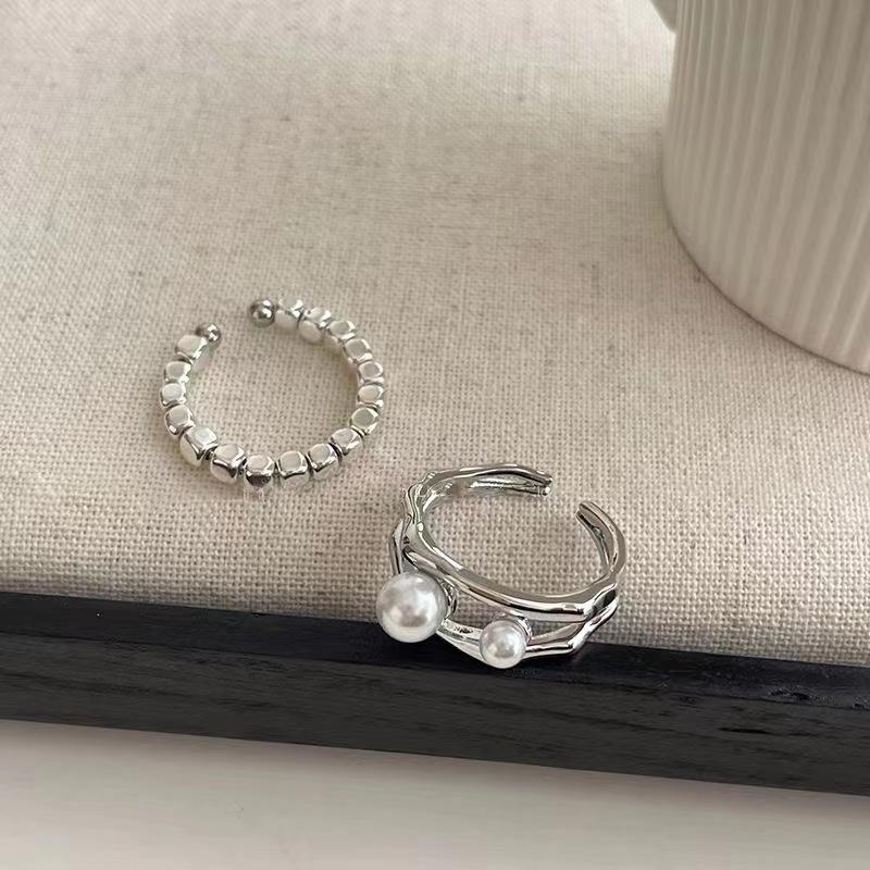 Pearl Irregular Plain Ring Double-Layer Ring Female Niche Design Simple Personality Index Finger Ring Opening Adjustable Ring